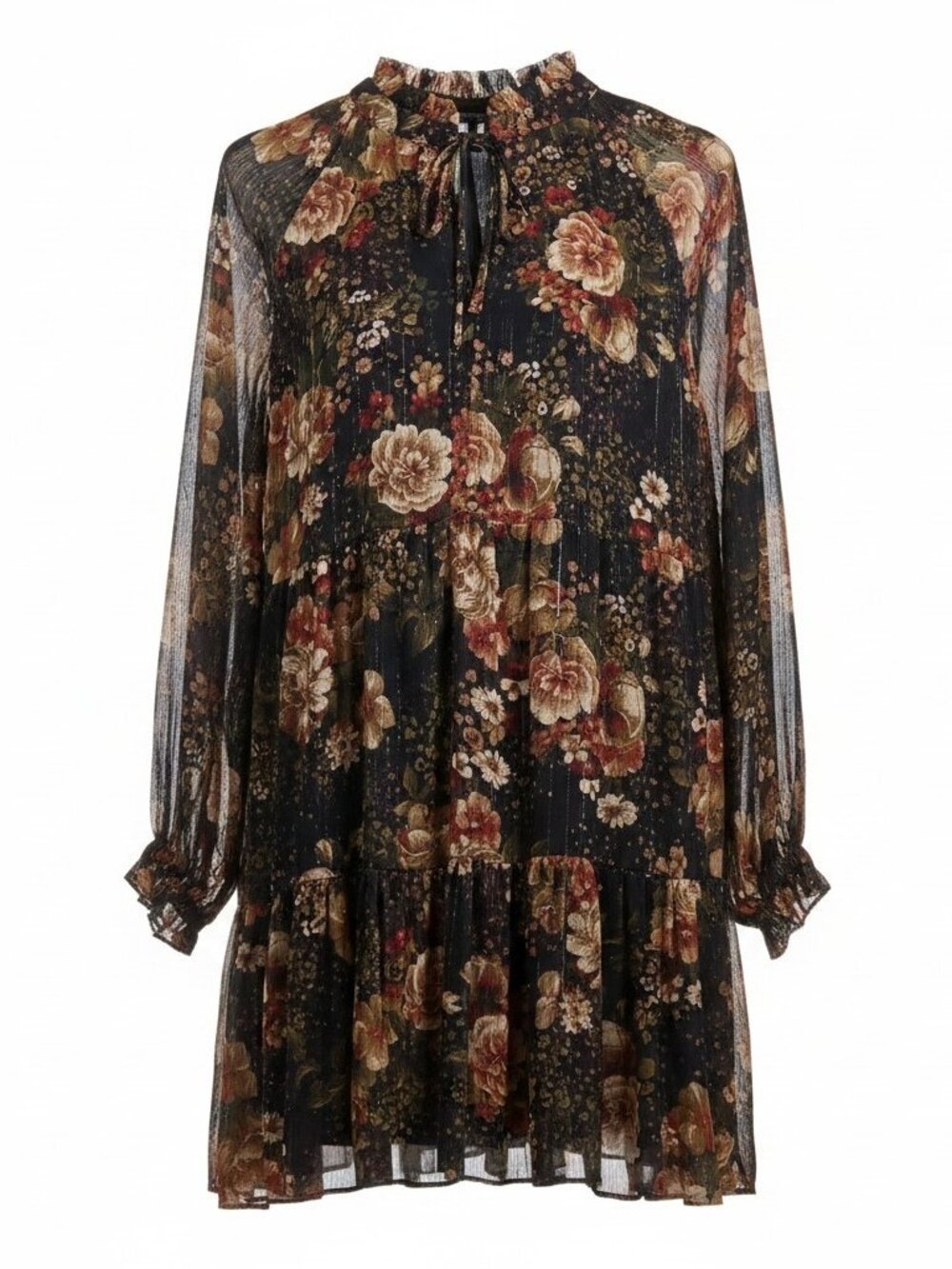 Ronni Nicole Floral Chiffon Mini Dress 16 Black Sheer Long Sleeve Tiered Boho